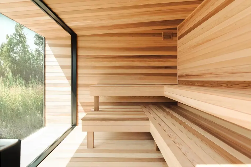 interior view of a sauna with light wood paneling and a perfect pair with a cold plunge