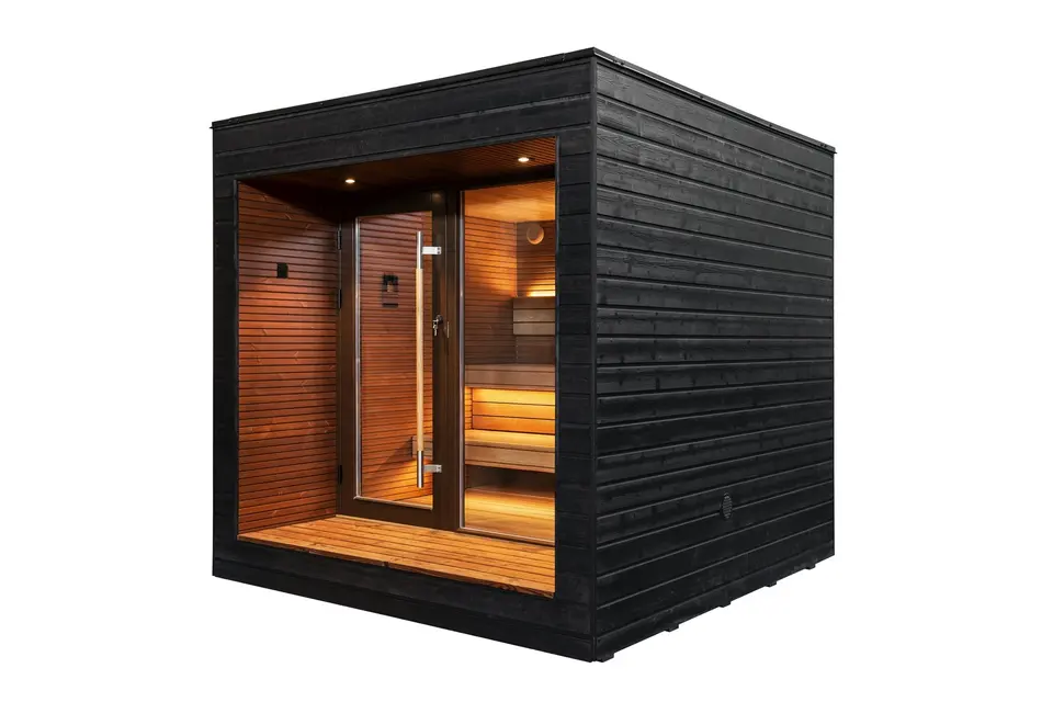 Black sauna outdoor the perfect combination with a cold plunge