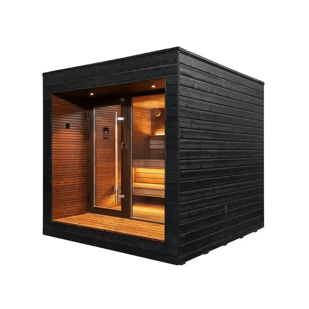 outdoor sauna for contrast therapy with cold plunge in black color