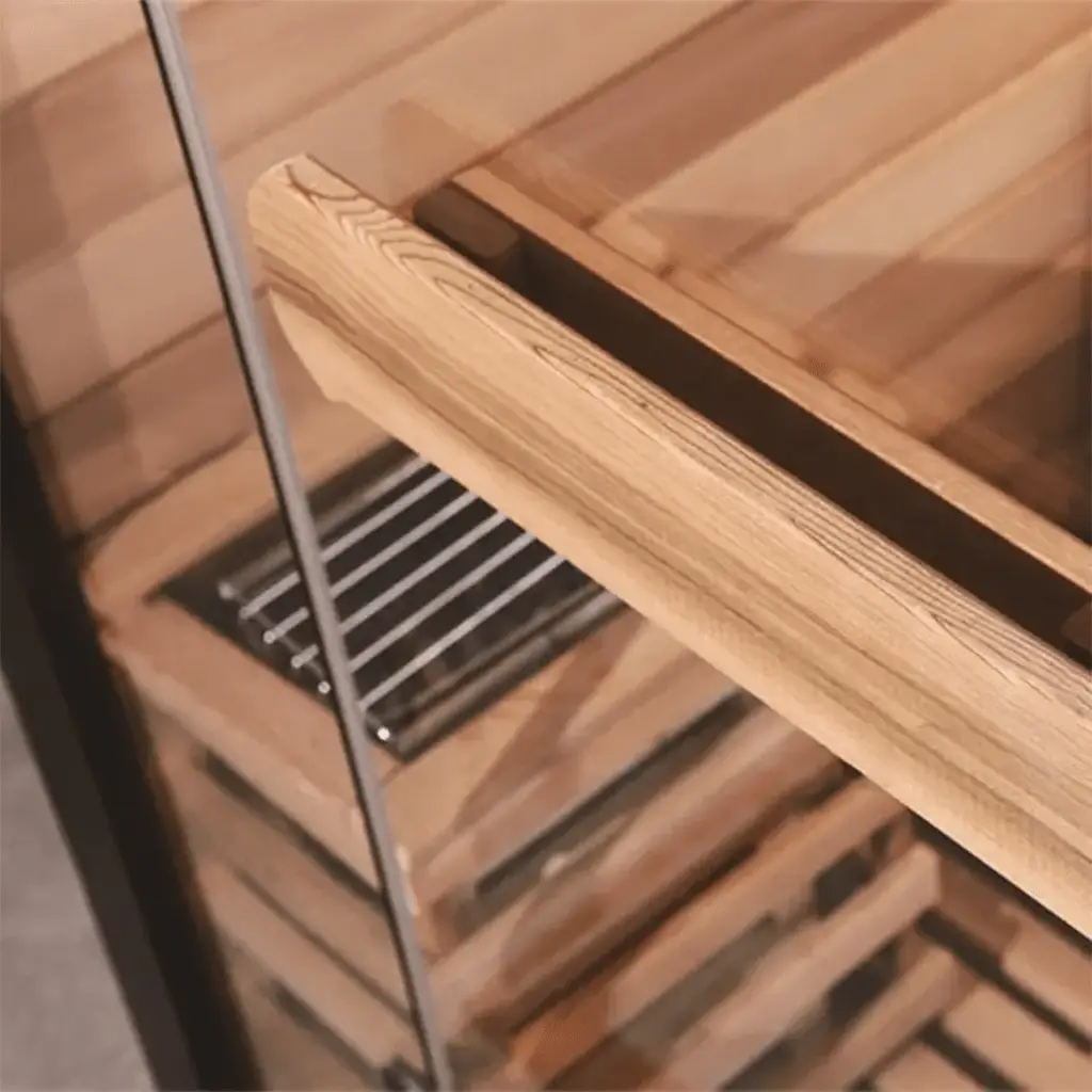 View of inside of a sauna for those who like to cold plunge and sauna at the same time