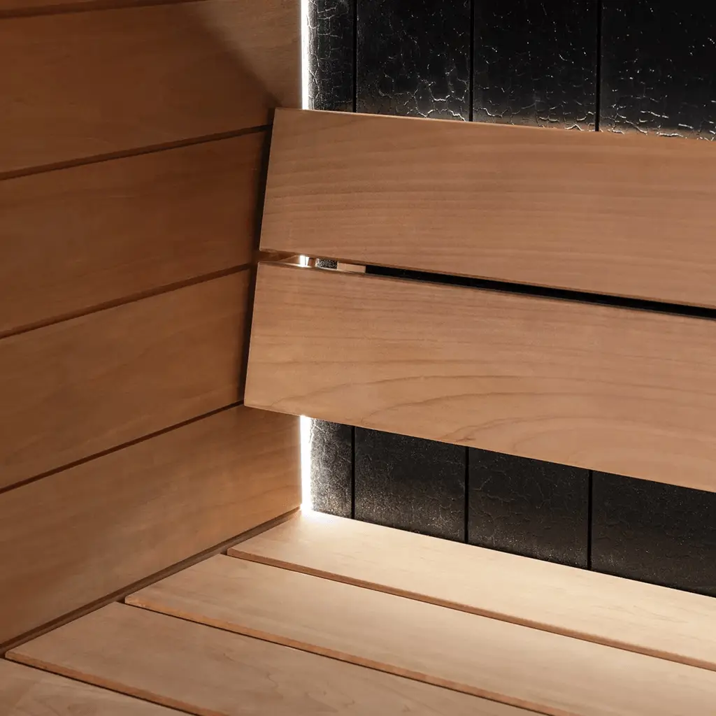 sauna hemlock wood bench seat and cold plunge with lights