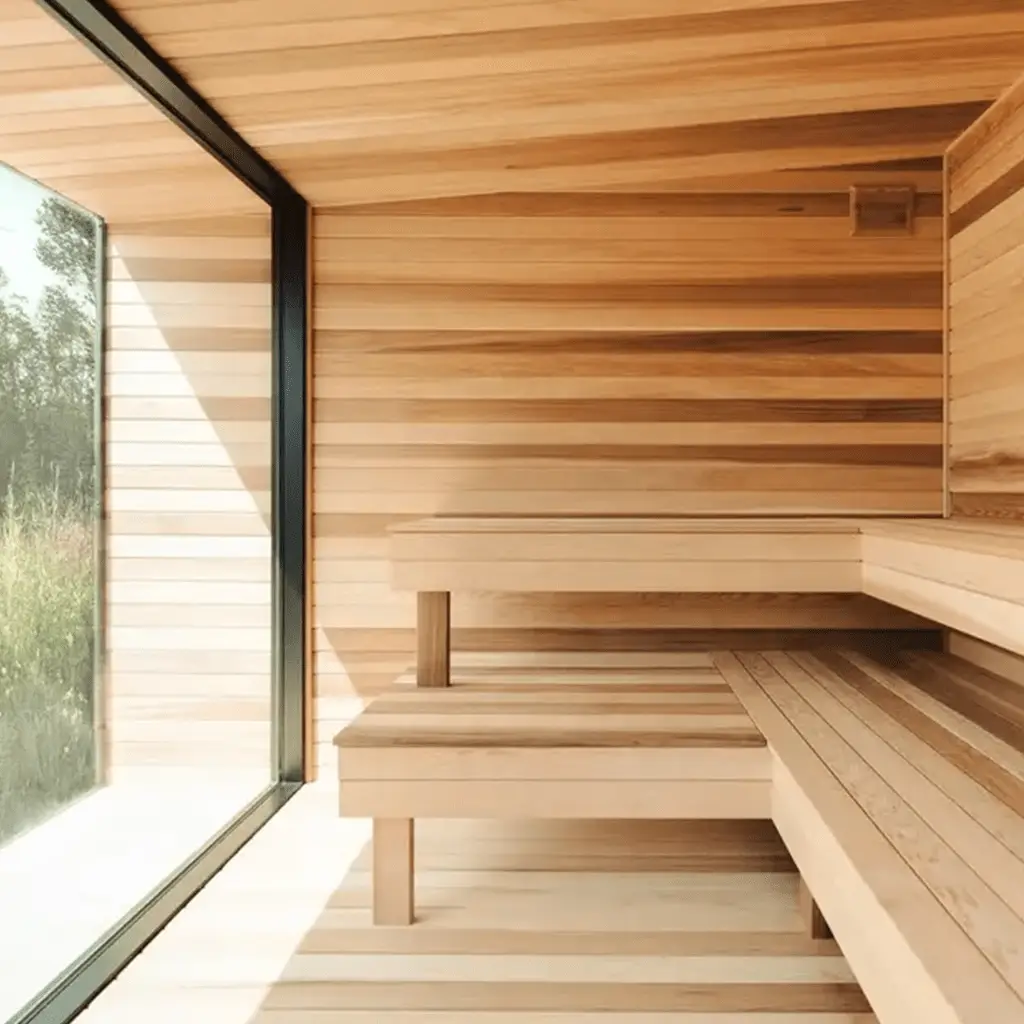 luxury sauna outdoor with bench seating for heat therapy and cold tub