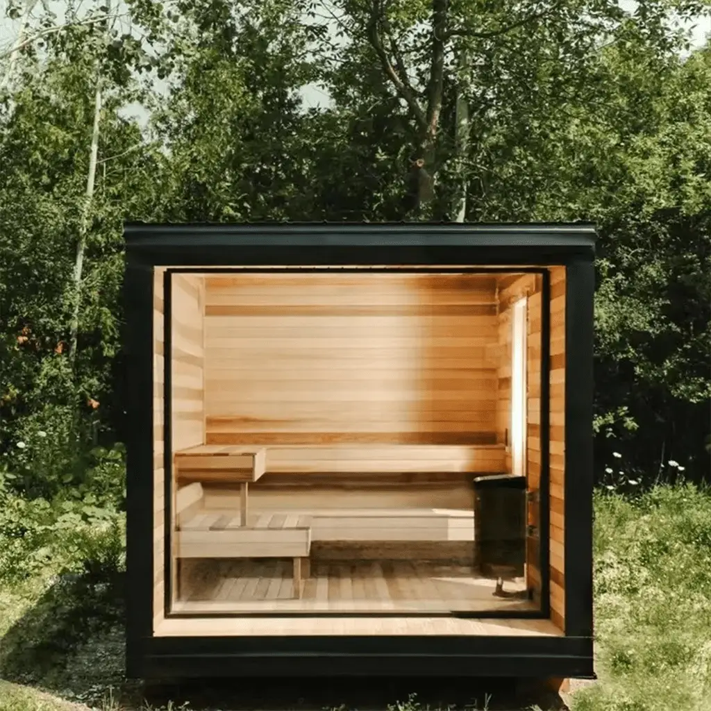 outdoor black sauna with interior light and insulation for a great contrast therapy cold plunge experience