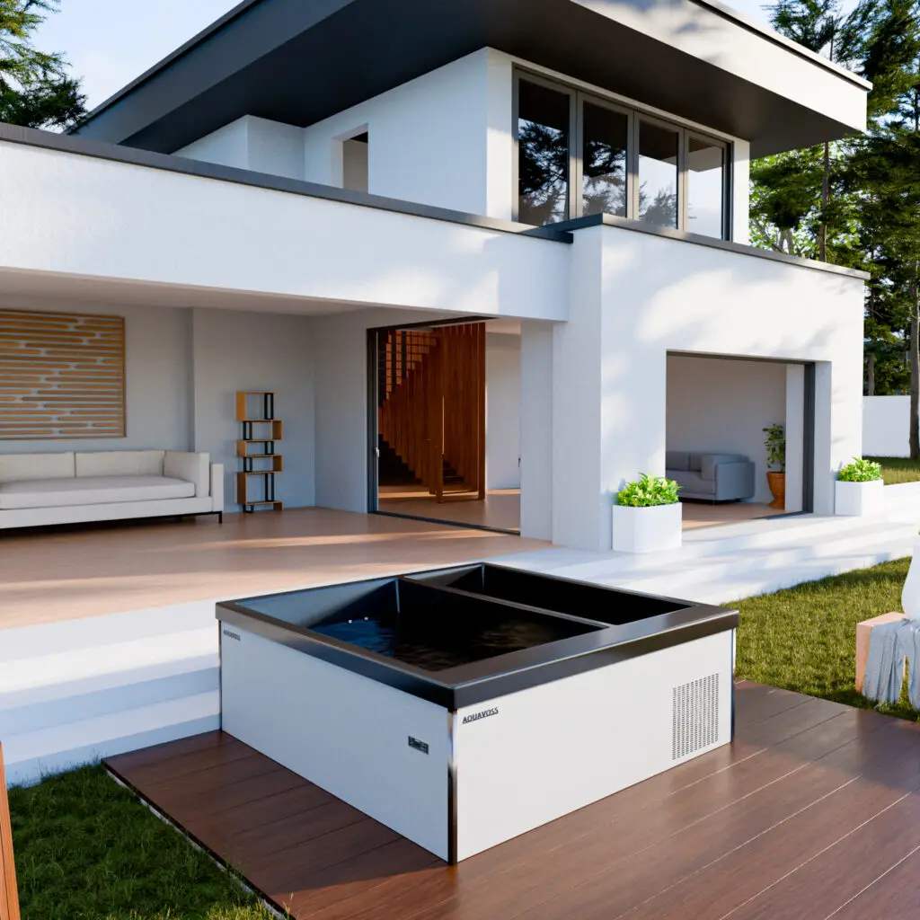 Contrast water therapy with the Aquavoss Model 2 - a hot tub spa and cold plunge tank. This spa has both a hot tub and cold plunge tank; huge cold plunge tank and 4-person spa.