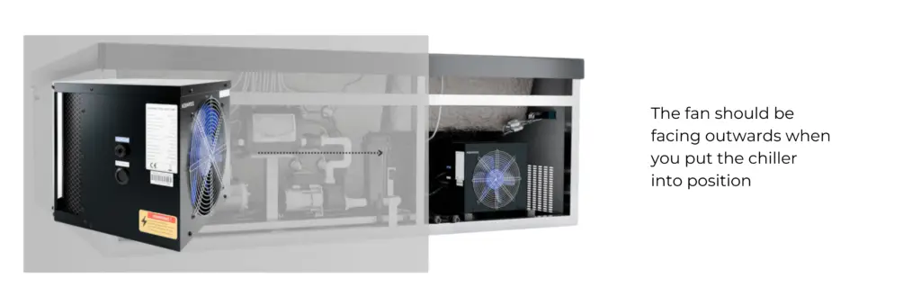 Place the chiller onto the stainless steel frame inside of the access cabinet.