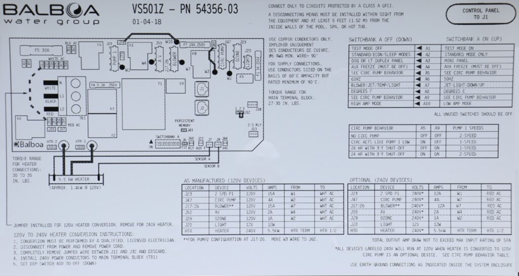 Wiring diagram on the back side of the Balboa Control System