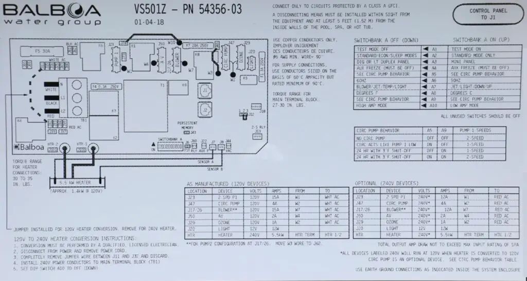 Wiring diagram on the back side of the Balboa Control System