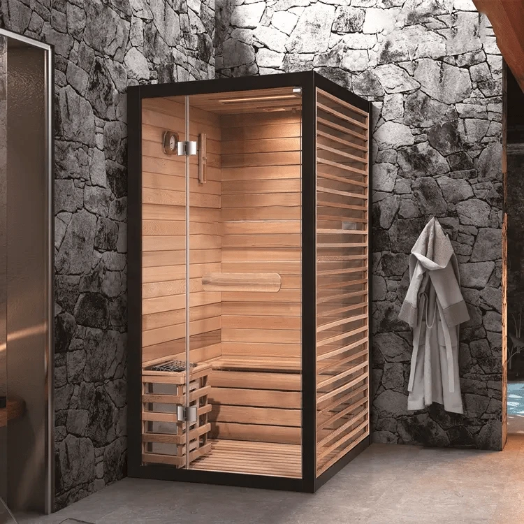 indoor sauna with stone background great for cold plunge and contrast therapy